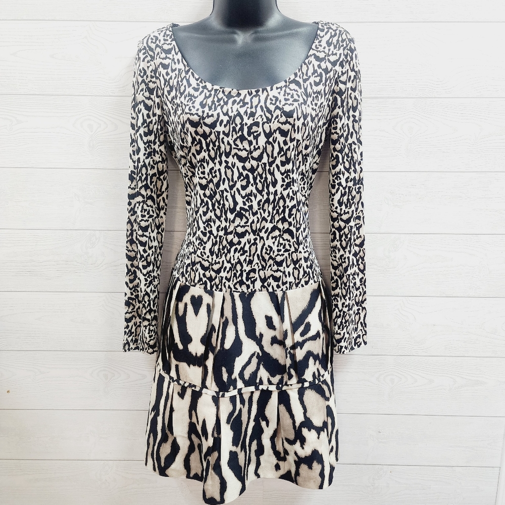Diane Von Furstenberg Black and Cream Animal Print Midi Dress